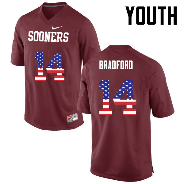 Youth Oklahoma Sooners #14 Sam Bradford College Football USA Flag Fashion Jerseys-Crimson